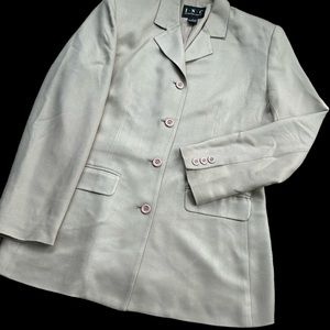 INC beige cream neutral silk long blazer button down suit jacket shoulders 8